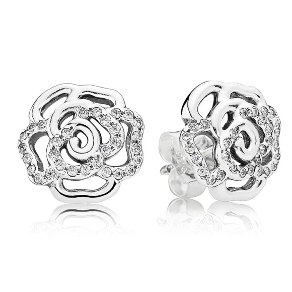💛 Elegant Retired Pandora 925 Silver Shimmering Rose Earrings - Picture 1 of 5